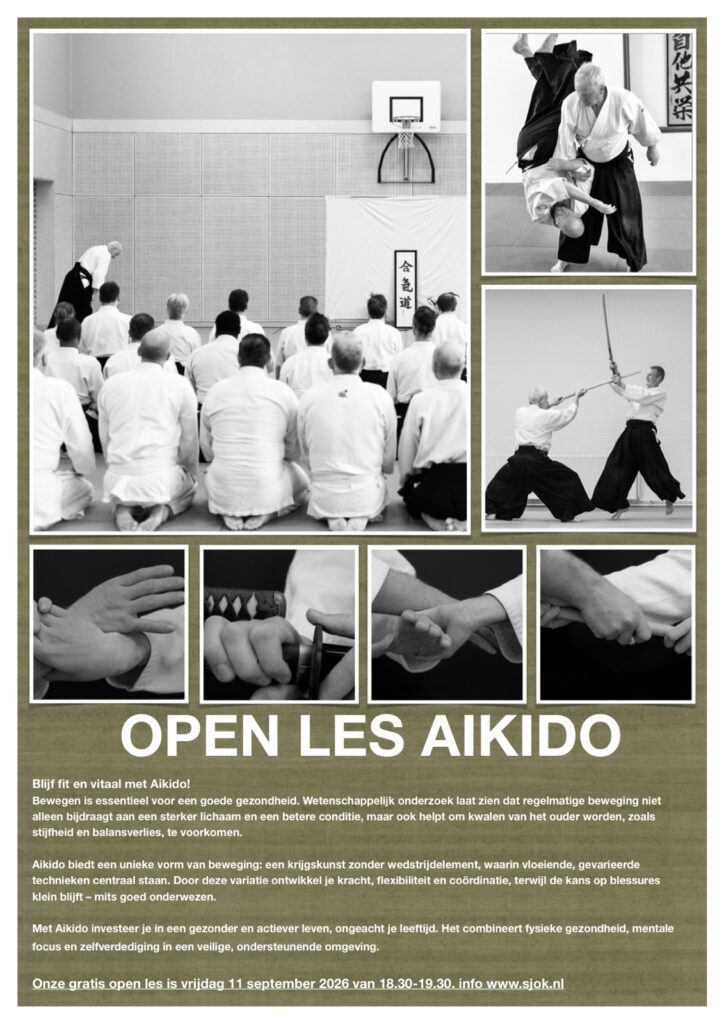 Poster gratis open les Aikido, vrijdag 11 september 2026, 18.30-19.30 uur, dojo Marwixstraat 35 Groningen