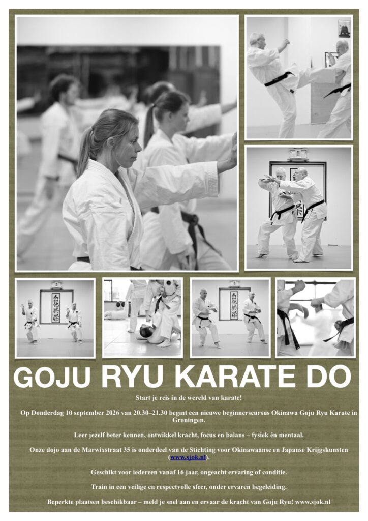 Poster beginnerscursus Okinawa Goju Ryu Karate Do, donderdag 10 september 2026, 20.30-21.30 uur, dojo Marwixstraat 35 Groningen
